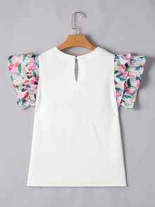 Acelitt Women's White Round Neck Fitted Ruffle Colorful Floral Cuff Short Sleeve T-Shirt, Elegant And Stylish For Summer Casual - White - View 6