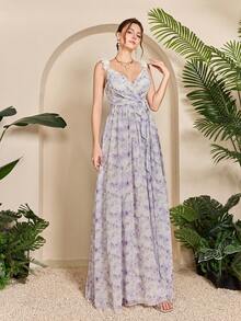 Mgiacy,New Arrival,V Neck,Tank,Printed,Elegant,Bridesmaid Dress,3D Floral,Ruffle,Chiffon,Long Dress - Mauve Purple - View 5