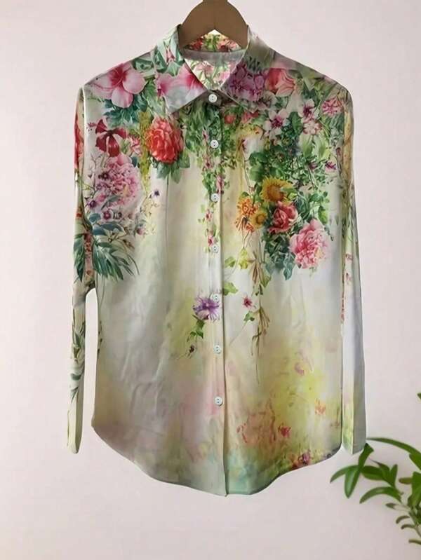 Plus dames casual blouse met lange mouwen en kleurrijke print, Europese en Amerikaanse stijl, lente/herfst 2025
