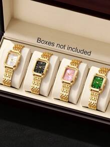 1 pièce Montre à quartz de mode pour femmes avec cadran carré simple gradué, boîtier plaqué or de haute qualité, bracelet en acier inoxydable, convient pour un cadeau d'anniversaire, d'anniversaire de mariage ou de fête des mères