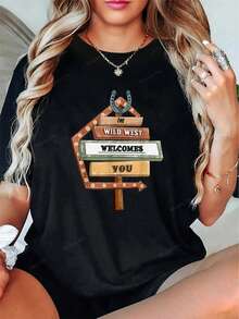 Rodeo Tan T-Shirt-Y2K Summer Tops T-Shirts Women, Club Outfits Women Sexy, Summer Dress, Cheetah Print T-Shirt - Black - View 1