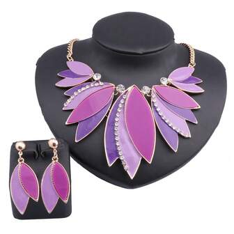 Conjunto de collar y aretes de declaración con hoja púrpura glamorosa - Conjunto de joyería de esmalte y cristal para mujeres, joyería de fiesta de moda