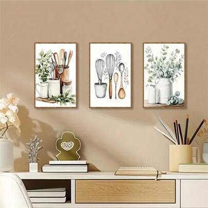 1Pc/3Pcs Modern Kitchen Utensils Branch Leaves Plant Botanral Art Decor Posters Minimalist Canvas Wall Art Prints Watercolor Paintings For Living Room Bedroom Home Office Dormitory Decor Wall Background Design Picture Framed/Unframed ,Wall Art With Frame Kitchen Decor