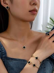 6pcs/Set Four-Leaf Clover Earrings, Necklace, Bracelet, Bangle, Ring Jewelry Set (For Women) - Black - View 2