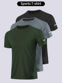3 Pcs Men's Black, Grey, Army Green Short Sleeve Round Neck Sports Shirts, Athletic Tops For Summer Outdoor Wear