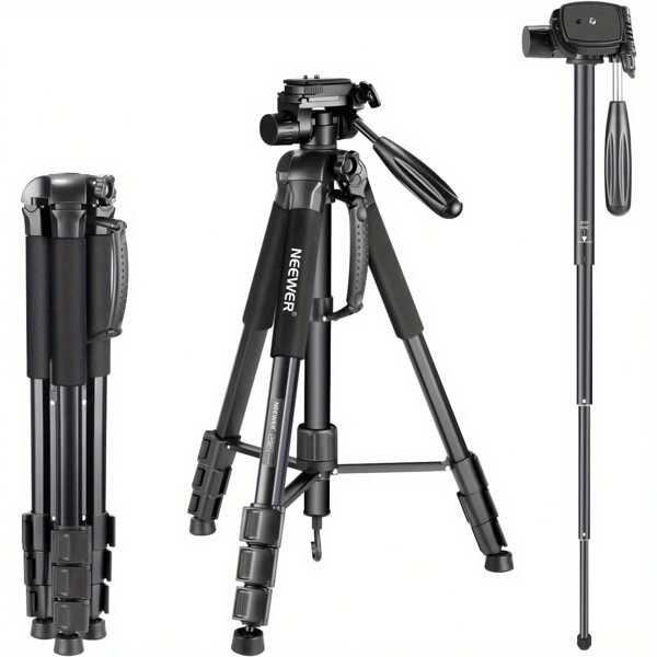 NEEWER NEEWER Portable Aluminum Alloy Camera 2 In 1 Tripod Monopod Max. 70"/177cm With 3 Way Swivel Pan Head And Carrying Bag For DSLR, DV Video Camcorder (SAB264, Black)