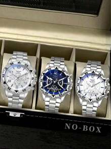 3 pièces Lot de montres à quartz pour hommes avec bracelet en acier inoxydable argent, style sobre et d'affaires. Peut être offert comme un cadeau important pour les fêtes, et être porté au quotidien.