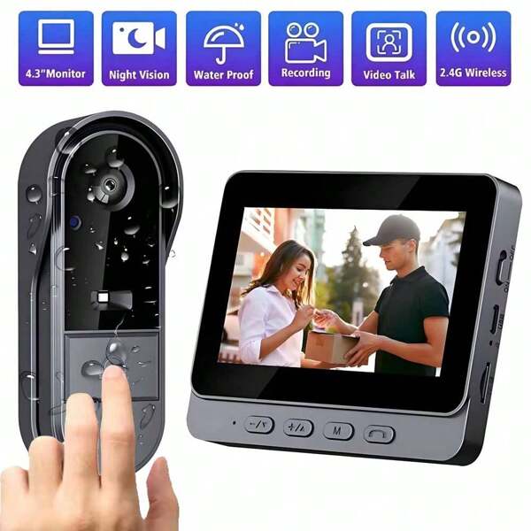 4.3-Inch IPS Screen Wireless Video Doorbell Camera With Two-Way Audio, Long Battery Life, Includes Doorbell And Accessories, No WiFi/APP Needed, Suitable For Elderly, Supports SD Card Storage, Waterproof Doorbell
