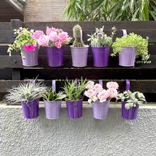 Railing Planter 10 Pack, 6 Inch Hanging Flower Pot Black, Outdoor Large Metal Iron Fence Bucket, Balcony Garden Wall Deck Porch Patio Rail Decor Hanger Hook Farmhouse Balcony 6'''' (15cm) - Purple - View 1
