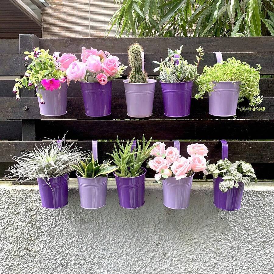 Railing Planter 10 Pack, 6 Inch Hanging Flower Pot Black, Outdoor Large Metal Iron Fence Bucket, Balcony Garden Wall Deck Porch Patio Rail Decor Hanger Hook Farmhouse Balcony 6'''' (15cm) - Purple - View 1