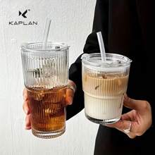 1 pieza, Vaso de vidrio con rayas, con pajita y tapa - 20.29oz/600ml, llamativo vaso de vidrio para beber, apto para café, té, whisky, leche, americano con hielo y bebidas de latte