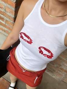 Women's Sexy Graphic Print Crew Neck Camisole Top, Suitable For Spring & Summer