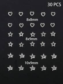 Set di 30 pezzi di charms per unghie in argento, set bulk con charms a forma di stella, charms in lega simpatici e luccicanti, charms 3D Y2K per unghie con strass, accessori per la arte di unghie