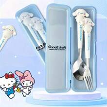Sanrio (Authorized) Sanrio 2 Pieces Cute Cartoon Stainless Steel Portable Tableware Set, Children's Tableware, Student Outdoor Travel Spoon And Fork 2 Pieces Set, Suitable For Various Scenarios And Suitable For Various Festival Gifts(The Cutlery Box Can Be Disassembled Or Non Disassembled And Randomly Distributed),School Supplies