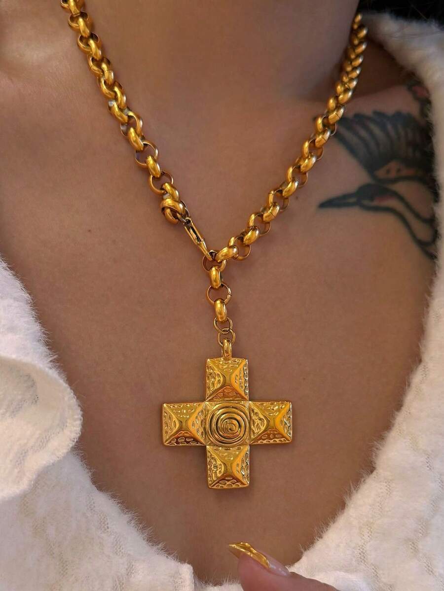 Collares de declaración con cruz ondulada, collares de acero inoxidable para mujer, joyería vintage de acero inoxidable gruesa que no se mancha - Dorado - Ver 1