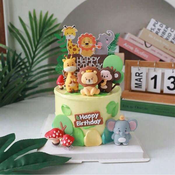 9pcs Wild One Cake Topper Jungle Animals Cake Decoration Giraffe ElephantLion Tiger Cake Animals Birthday Party Decoration
