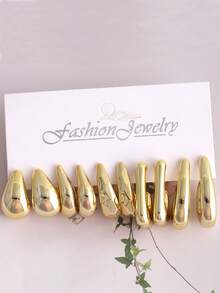 10pcs Golden Geometric Multielemental Earring Set - Yellow Gold - View 12