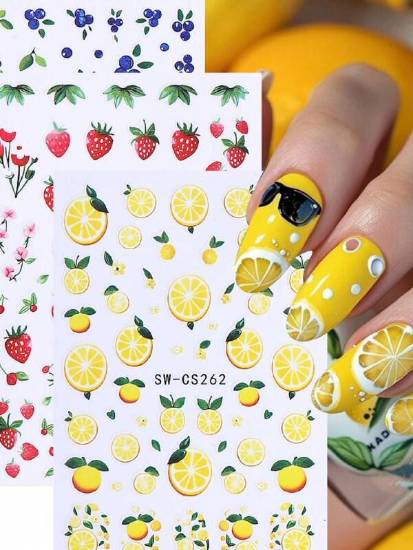 3 pièces par lot - Autocollants d'art pour ongles aux fruits d'été, motifs de fleurs de carottes, de fraises et de myrtilles de la série fraîche. Autocollants adhésifs de citron, de fraise et de myrtille mignons pour les filles et les femmes