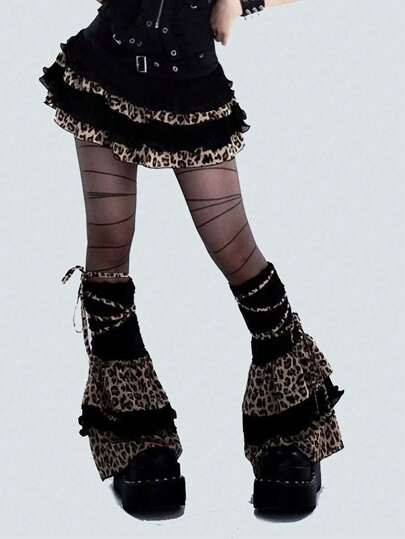 1 Pair Apocalyptic Vibe Dopamine Inspired Chic Leopard Print Leg Warmers, Slim Fit Ruffled Leg Gaiters For Women