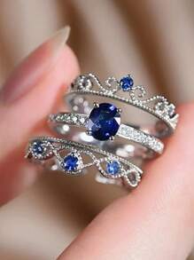 3 Pcs/Set Fashion Blue Cubic Zirconia Ring Set For Women For Wedding Engagement Anniversary Party Band Jewelry Valentine's Day Gift,Mom,Mother,Mother's Day,Gift
