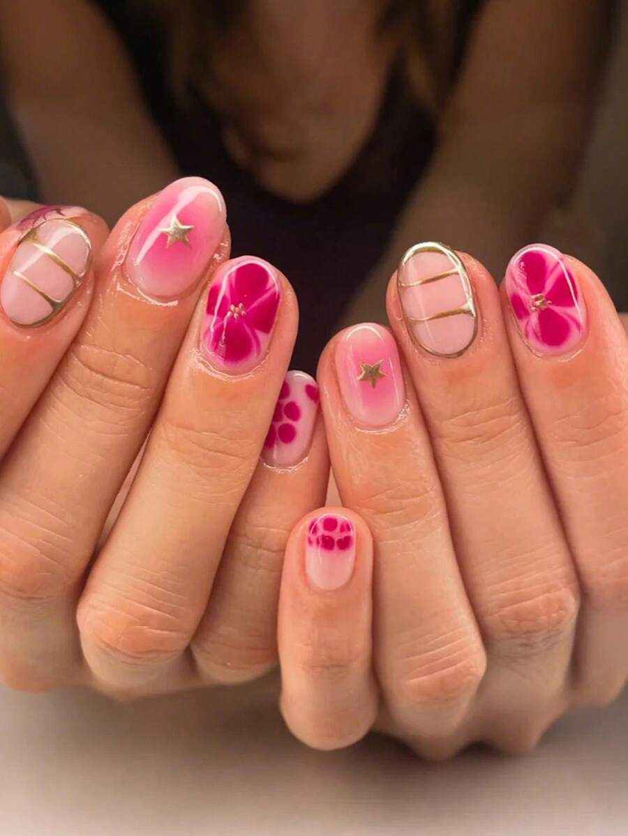 Bộ 24 miếng dán móng tay ngắn hình oval phối màu gradient kiểu Pháp, họa tiết hoa hồng nhạt và đường kẻ vàng, bề mặt bóng, phủ đều, thích hợp cho móng tay mùa hè, dành cho phụ nữ và bé gái sử dụng hàng ngày, hẹn hò, dự tiệc. - Nhiều màu - Xem 1