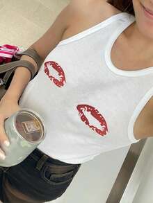 Women's Sexy Graphic Print Crew Neck Camisole Top, Suitable For Spring & Summer