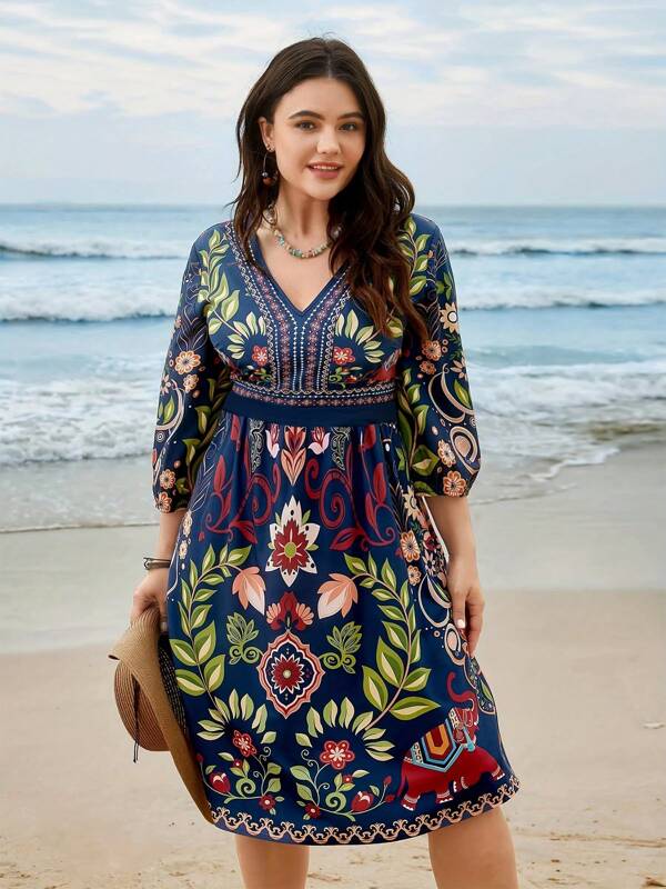 Blessings of Love Boho-Muster V-Ausschnitt Midi-Kleid mit Taschen