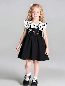 Seven Princess Robe d'été à manches courtes, taille cintrée et coupe évasée avec imprimé chat mignon, pour jeunes filles. Style décontracté de princesse pour vacances.