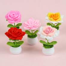 1pc Handmade Crochet Woolen Rose Flower, Artificial Potted Plant Decor, Everlasting Flower Desktop Ornament, Valentine's Gift For Women, Creative Scandinavian Handmade Flower, Mother's Day Handcraft Present, Car And Office Decoration