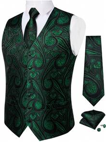 Mens Dress Vest Jacquard Paisley Floral Suit Vest And Tie Set Forma Waistcoats Wedding - Màu xanh lá cây đậm - Xem 1