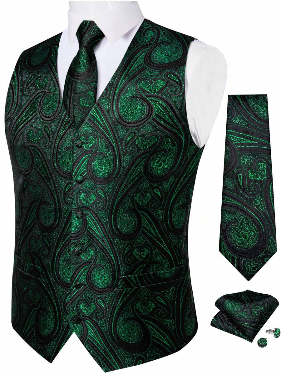 Mens Dress Vest Jacquard Paisley Floral Suit Vest And Tie Set Forma Waistcoats Wedding - Màu xanh lá cây đậm - Xem 1