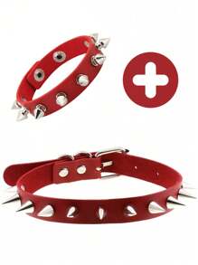 2pcs/Set Punk Rock Spiked Choker Collar And Bracelet Set, PU Leather Necklace And Cuff Accessories For Unisex, Suitable For Daily Wear, Festivals And Parties