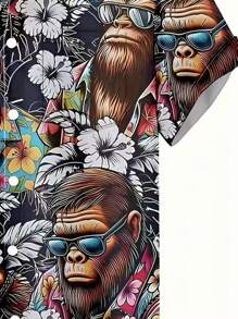 Plus Size All Over Floral Print Button Front Casual Short Sleeve Shirt, Summer