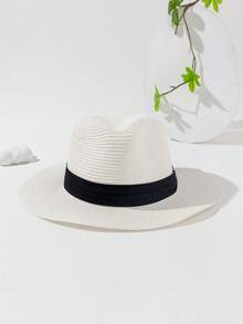 1pc Women's Summer Straw Panama Hat, Wide Brim Sun Protection Vacation Beach Cap, Suitable For Evening Party, Outdoor Sun Shading - Solid Color - View 17
