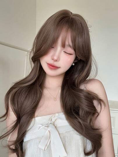 alicegarden 1 Synthetic Heat-Resistant Long Curly Mocha Brown Wig ,With Bangs, Made Of Fiber, Suitable For Daily Use, Natural And Realistic Fake Hair.