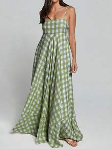 Women Summer Sleeveless Dress Casual Plaid Print Spaghetti Strap A-Line Party Dresses - màu xanh lá - Xem 3