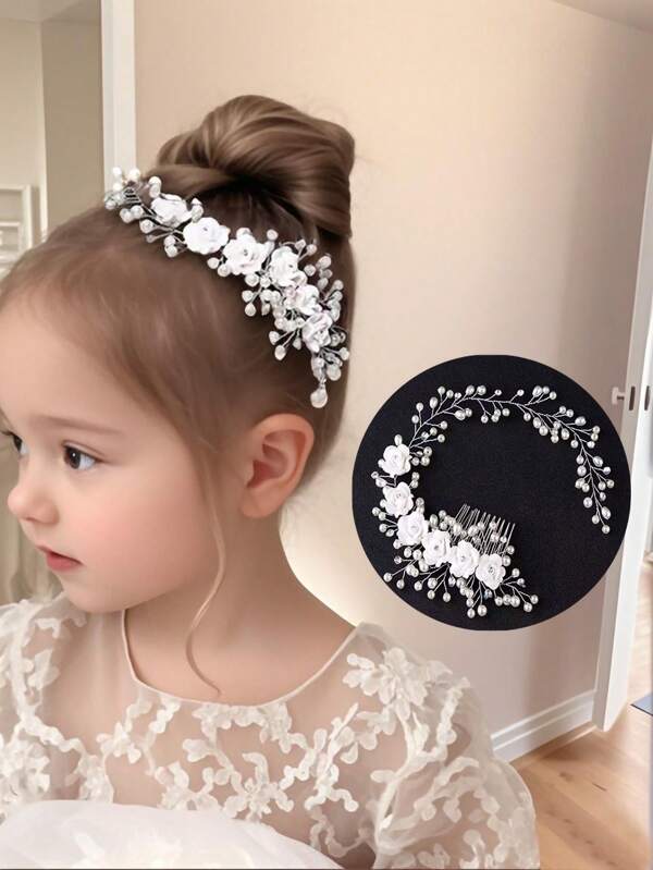 1 Pc Girl's Handmade Sweet Fairy Pearl Hair Clip, Kids Performance Pearl Headband Decor, School Recital Stage Costume Accessories, Best Back To School Gift Hair Accessory