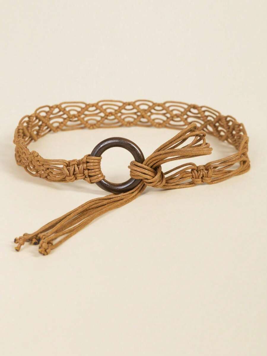 Simple Handmade Beaded Woven Waist Belt - Camel Classic - View 1