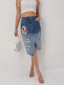 Fusta de denim cu crapată în față cu imprimeu floral pentru femei - Spălare medie - Vizualizare 1