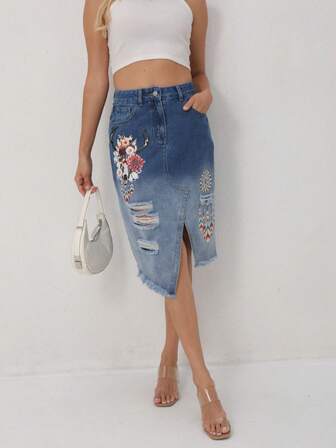 女士花卉印花做旧前开衩牛仔半身裙