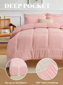 5/7pcs Comforter Set, Bedding, Solid Color Bedding Set, Cozy And Warm Bedding, Easy Care And Comfortable, Breathable Bed Set, Halloween Gift, For Twin, Full, King, Queen Bed Sizes, Suitable For Bedroom, Guest Room, Dormitory, All Seasons, Machine Washable - 粉色 - 查看 5