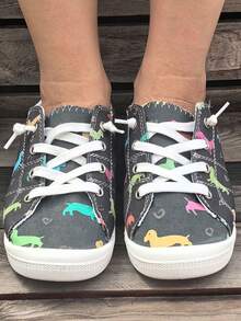 Women's Spring/Summer New Colorful Dog Casual Shoes Comfortable Shallow Mouth Round Head Lightweight And Fashionable Soft Bottom Breathable Low Top Lace Large Women's Shoes - 黑色 - 查看 3