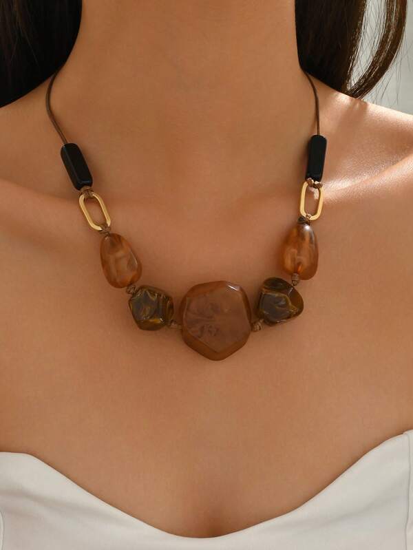 1pc Bohemian Exaggerated Fashion Asymmetrical Resin Stone Rope Necklace, Suitable For Women's Daily And Party Wear