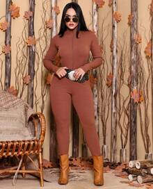 Women's Long Sleeve Ruffle Jumpsuit Virginia Moda Gringa Blogger With Front Zipper [Belt Not Included] - Camel - View 1
