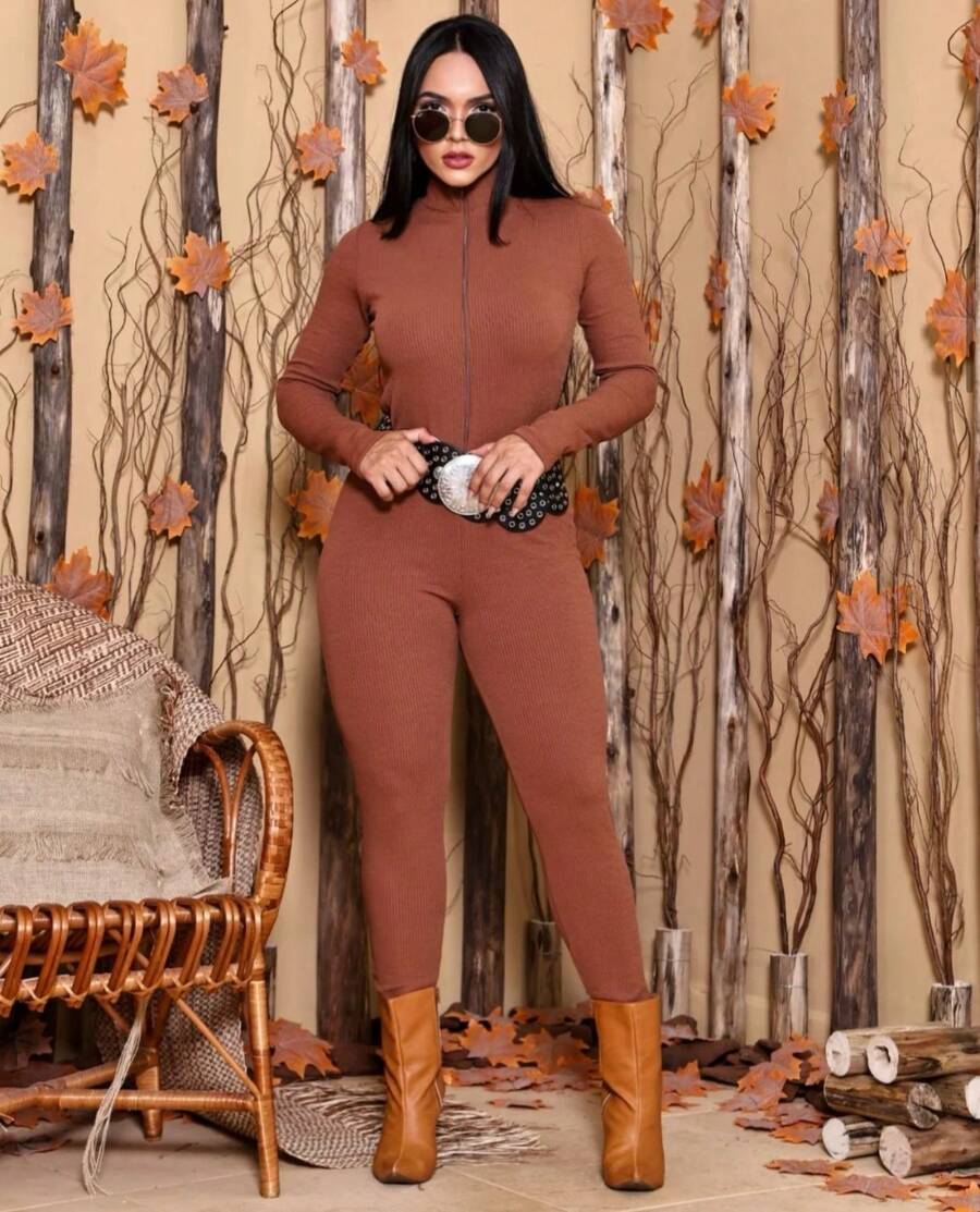 Women's Long Sleeve Ruffle Jumpsuit Virginia Moda Gringa Blogger With Front Zipper [Belt Not Included] - Camel - View 1