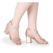 Women's Sandals High Heel Thick Casual Rhinestone Closed Back Braided Stones - Light Gold - View 3