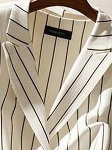 Women Casual Striped Peak Lapel Button Front Faux Pocket Top And Shorts 2 Pieces Set - White - View 4