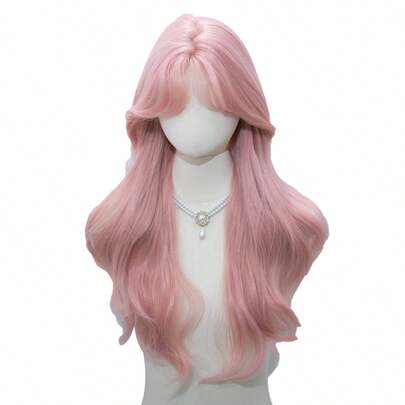 26-Inch Long Synthetic Wig Featuring A Natural Wavy Style In A Stunning Pink. Curtain Bangs , It Is Crafted From Heat-Resistant Fiber To Ensure Durability. This False Hairpiece Is Perfect For Daily Perfect For Parties, Role-Play And Gatherings Use, Offering A Natural And Realistic Appearance That Mimics It Is Also A Gift For Women.