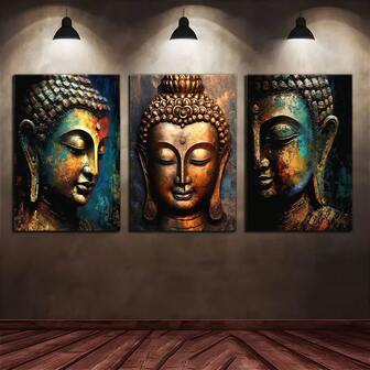 Juego de 3 piezas de arte en lienzo con estatua de Buda vintage - Decoración de pared religiosa moderna para sala de estar, oficina, hogar y dormitorio | Impresiones con tema costero colorido para dormitorio, cocina, bar, cafetería, decoración del hogar zen, sin marco
