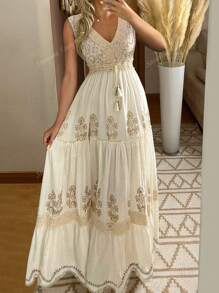 Vintage Floral Lace V Neck Flare Sleeve Tiered Maxi Dress